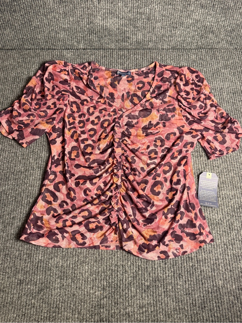 NWT Democracy Pink Orange Leopard Mesh Ruched Puff Sleeve Top - Size L